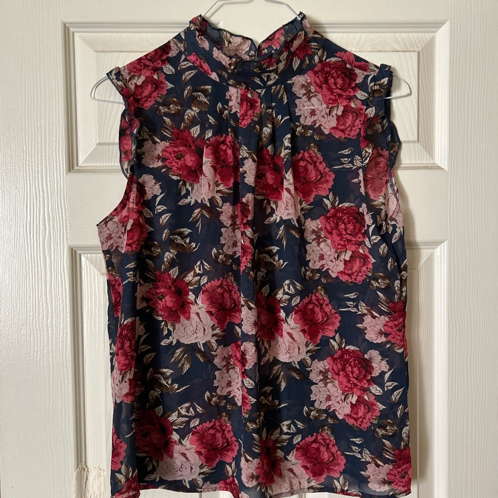 Floral Sleeveless Top - Red and Pink on Blue